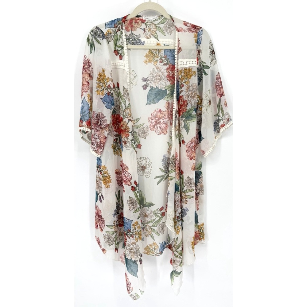 Emory Park Kimono Blouse M White Sheer Floral Flowy Open Front Feminine Romantic